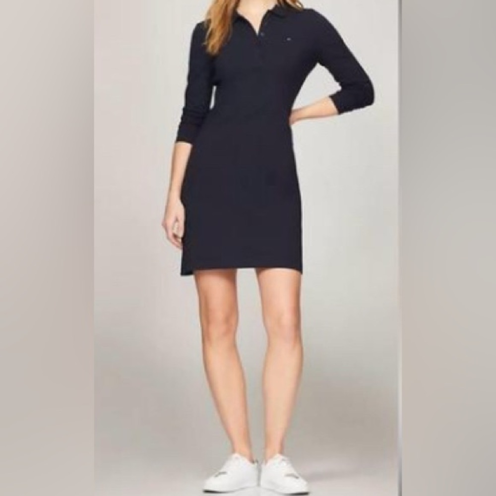 Tommy Hilfiger Navy and White Long Sleeve Polo Shirt Dress